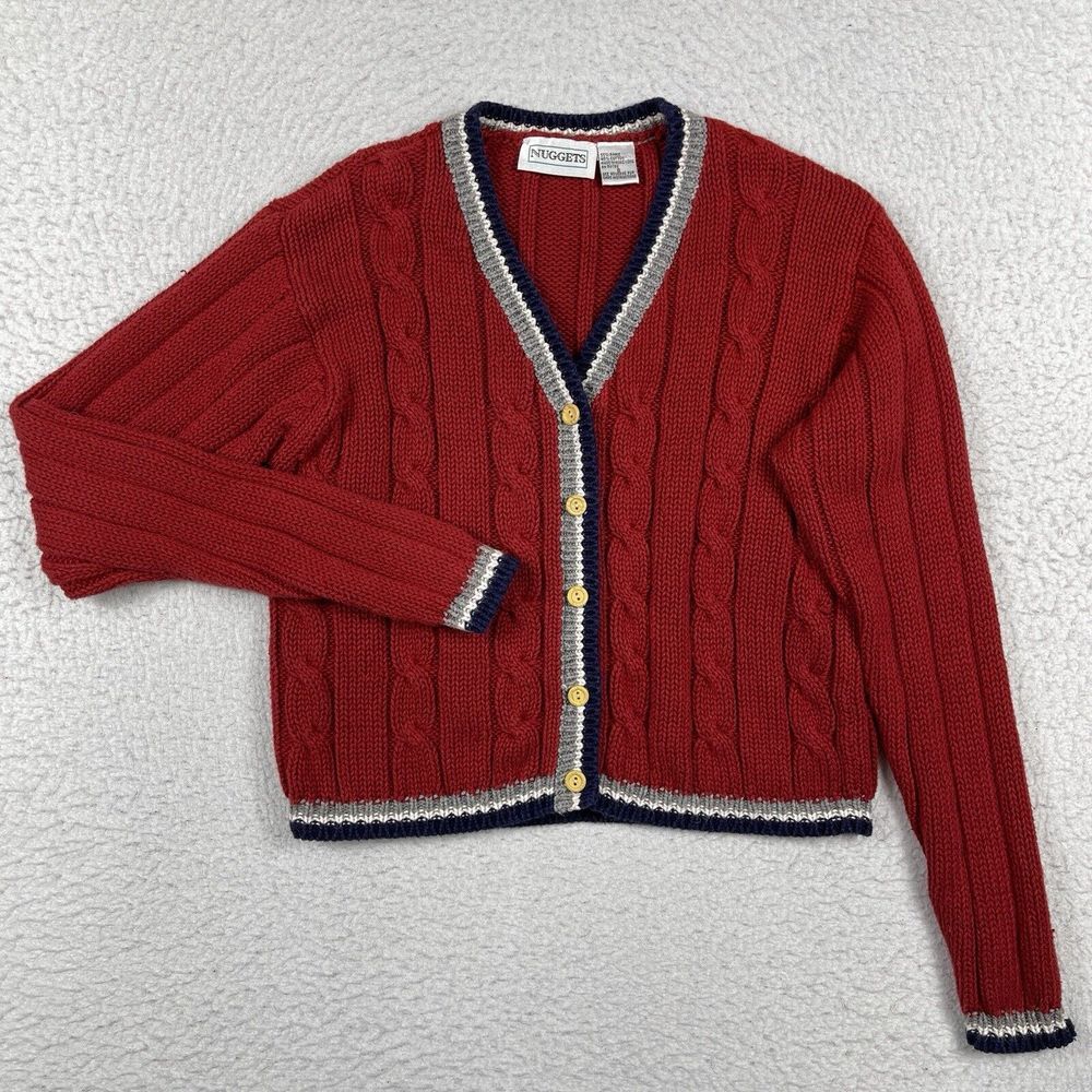 Nuggets Sweater Womens Small Red Cardigan Cable Knit Retro Vintage‎ Granny Work